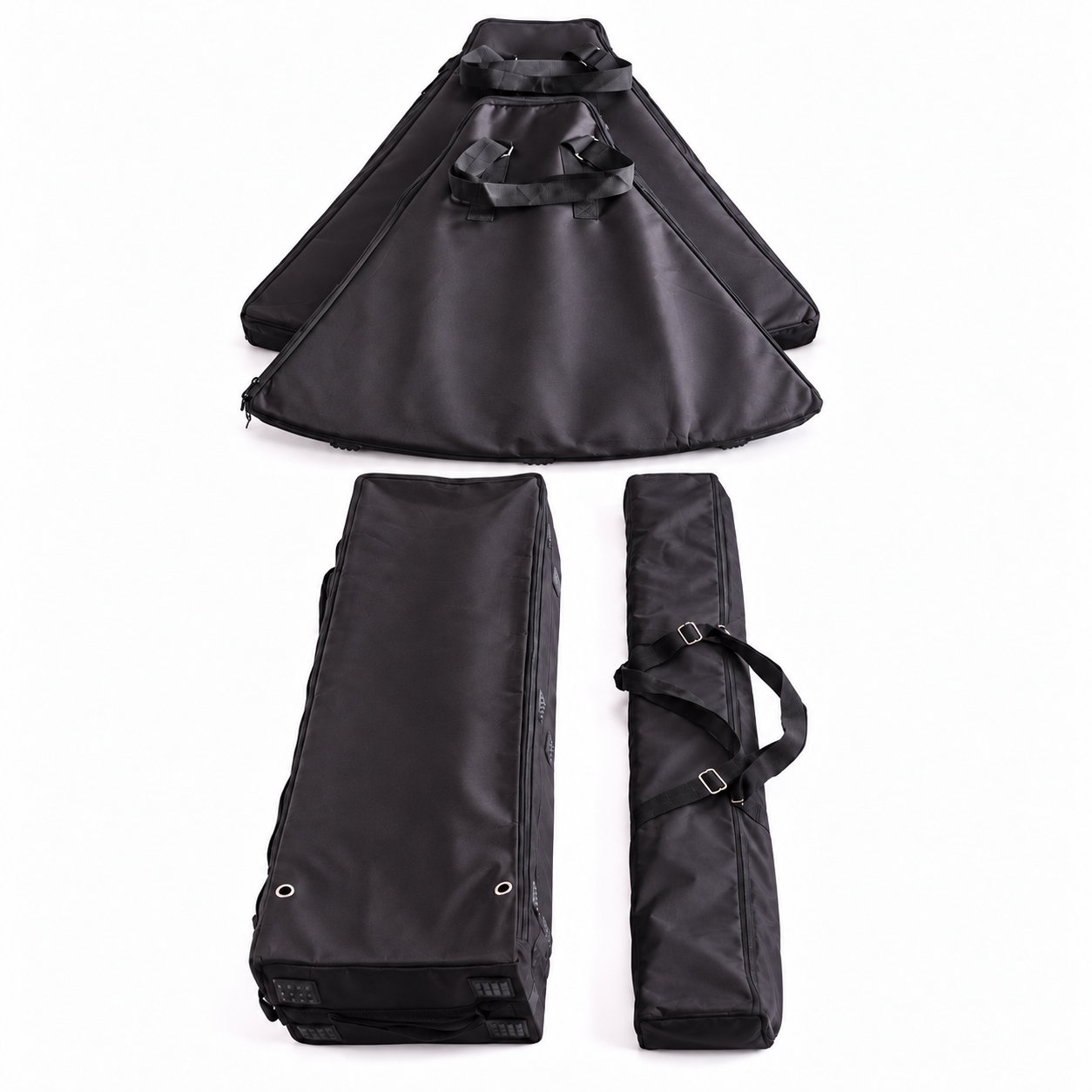 The dismantled X-Stage Pro packed into its four black transport bags